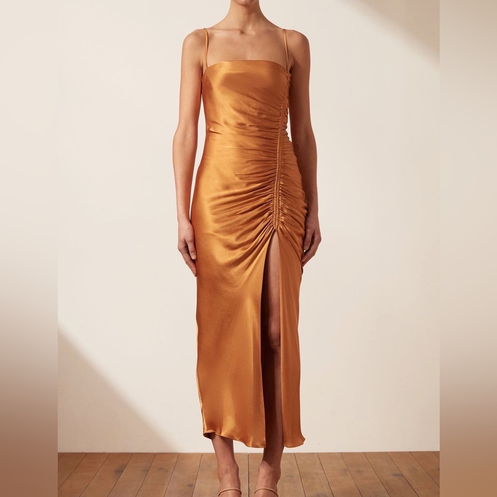 Lily Bias Ruched Midi Dress- Turmeric , by Shona Joy